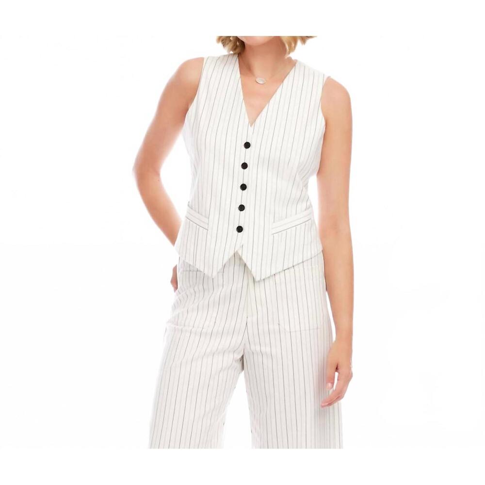 NEW KAREN KANE stripe button-up vest in off white with black